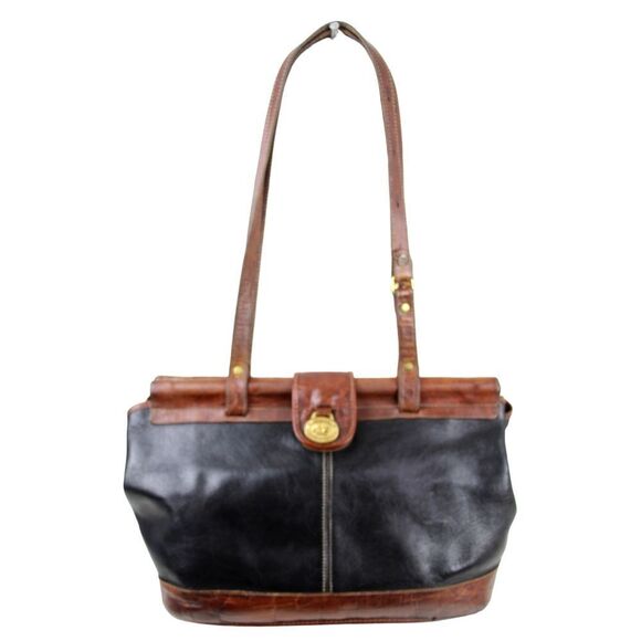 VTG Brahmin BLACK GENUINE LEATHER BROWN CROCO TRIM SHOULDER BAG HANDBAG PURSE - Picture 1 of 14